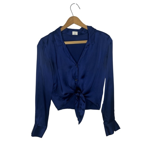 Wilfred Aritzia Blue Satin Cupro Tie-Front Collard Blouse Women's Size XXS - Picture 3 of 17